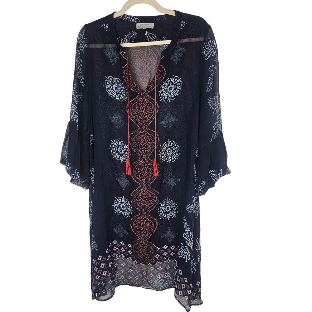 World Market Tunic Top Sheer Top Embroidered Top Women Navy Blue Tie Neck Top